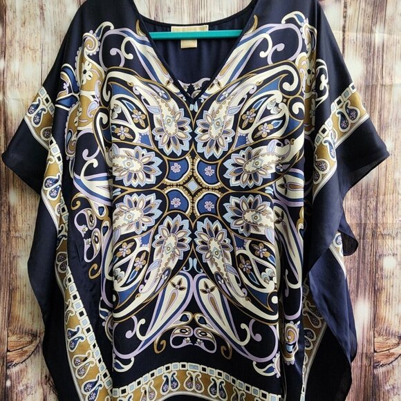 Michael Kors 100% SILK Women SZ L/XL Kaftan Top Blouse Blue Colorful Flowy Bold - Picture 2 of 12